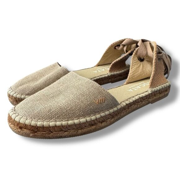 Viscata Candell Beige Linen Espadrille Flats Lace Up Size 41 US 10 - Picture 3 of 11
